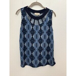 Diana Bell Women's Sleeveless Blue Geometric Blouse Keyhole Neck Large